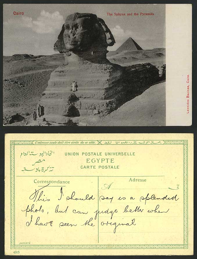 Egypt Old Postcard Cairo Man standing on SPHINX, PYRAMIDS, Desert Dunes Le Caire