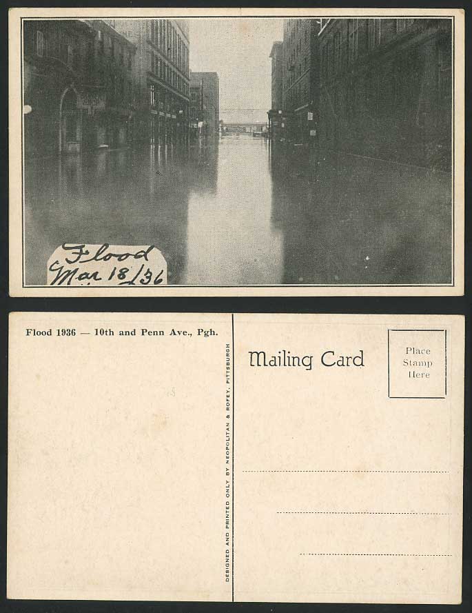 FLOOD 1936, 10th and Penn Avenue, Pgh Pittsburgh Old Postcard Disaster Disasters