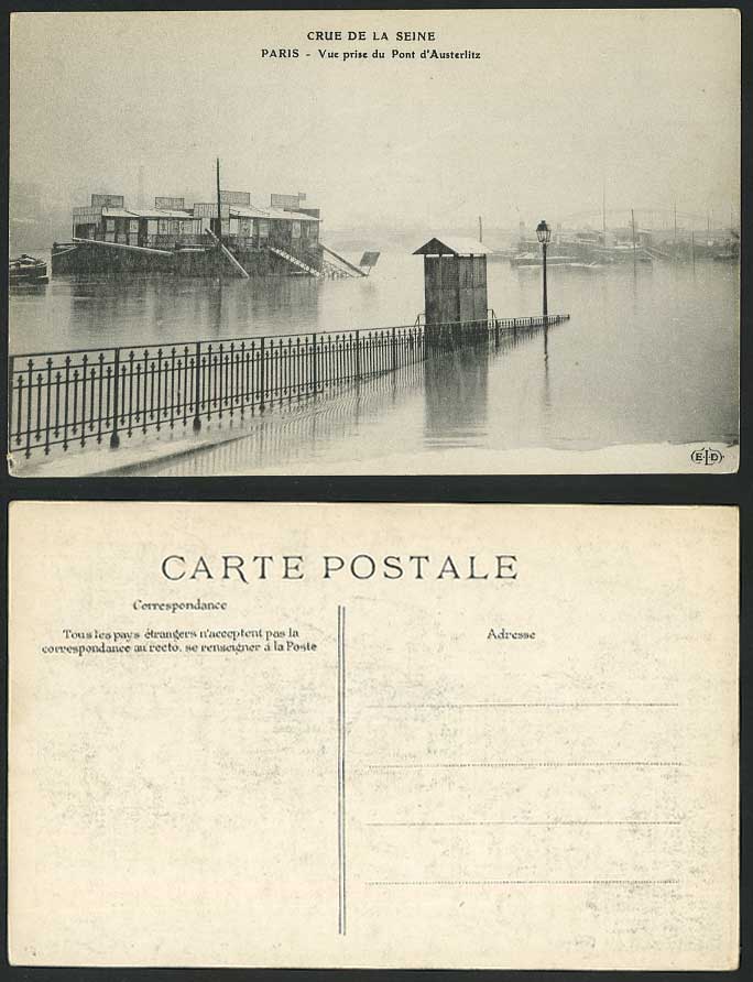 PARIS FLOOD 1910 Old Postcard Vue prise du Pont d'Austerlitz - Austerlitz Bridge