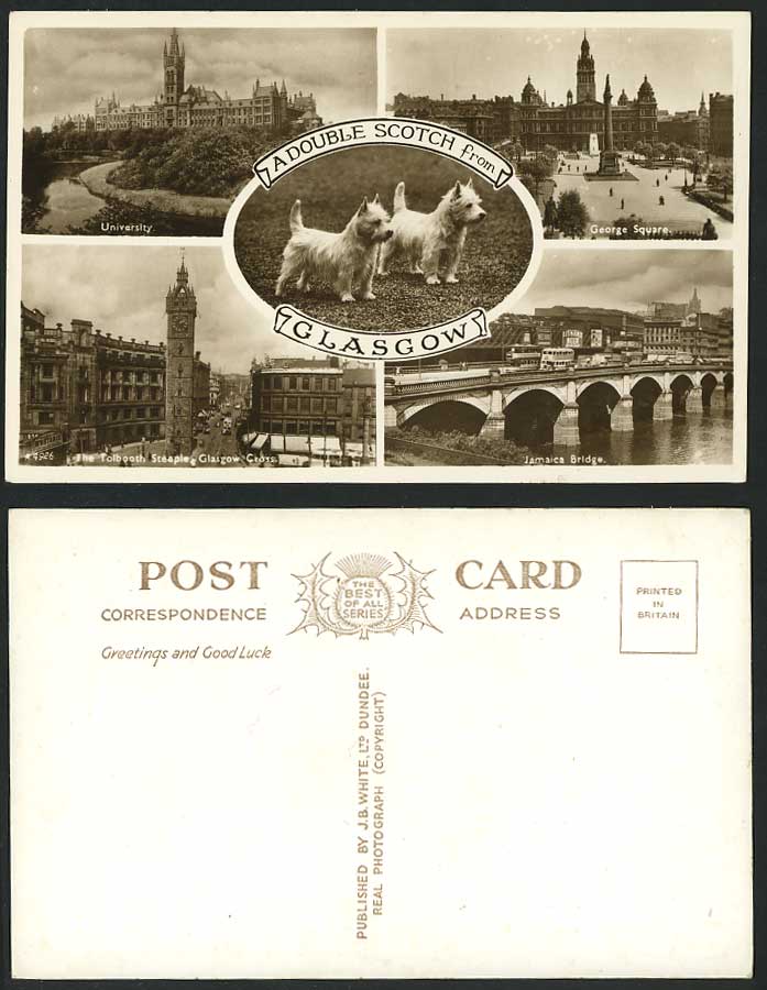 Glasgow Old Postcard DOGS, University Tolbooth Steeple Jamaica Bridge George Sq.