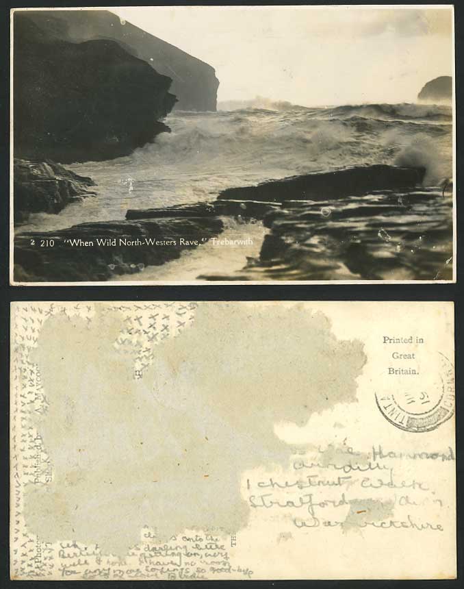 TREBARWITH When Wild North Westers Rave Rough Sea Rocks Cornwall Old RP Postcard