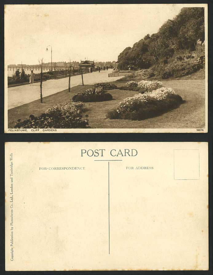Felixstowe Suffolk Old Postcard CLIFF GARDENS Flower Pier Promenade Street Scene