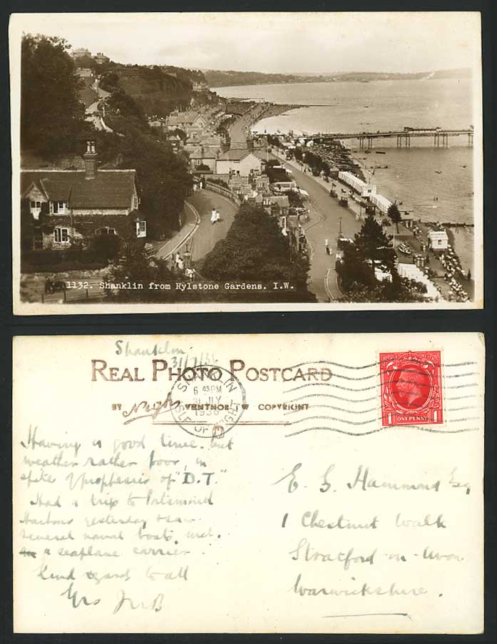 Isle of Wight 1936 Old Postcard Shanklin from Rylstone Gardens Pier Street Scene