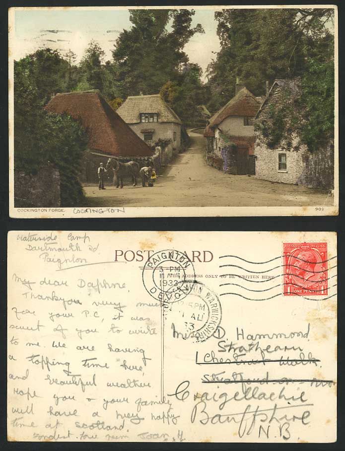 Torquay COCKINGTON FORGE Thatched Cottages & Horse 1933 Old Hand Tinted Postcard