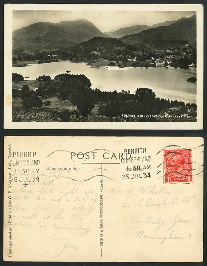 Head of Ullswater & St. Sunday Crag 1934 Old Real Photo Postcard Lake Mountains