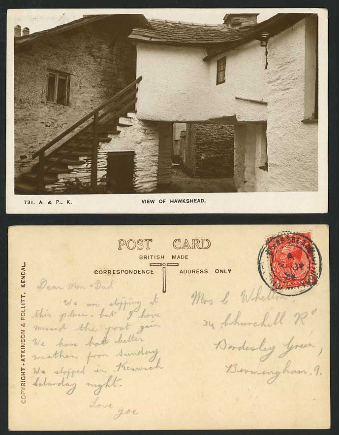 HAWKSHEAD Cottage House Steps 1934 Old Real Photo Postcard Lake District