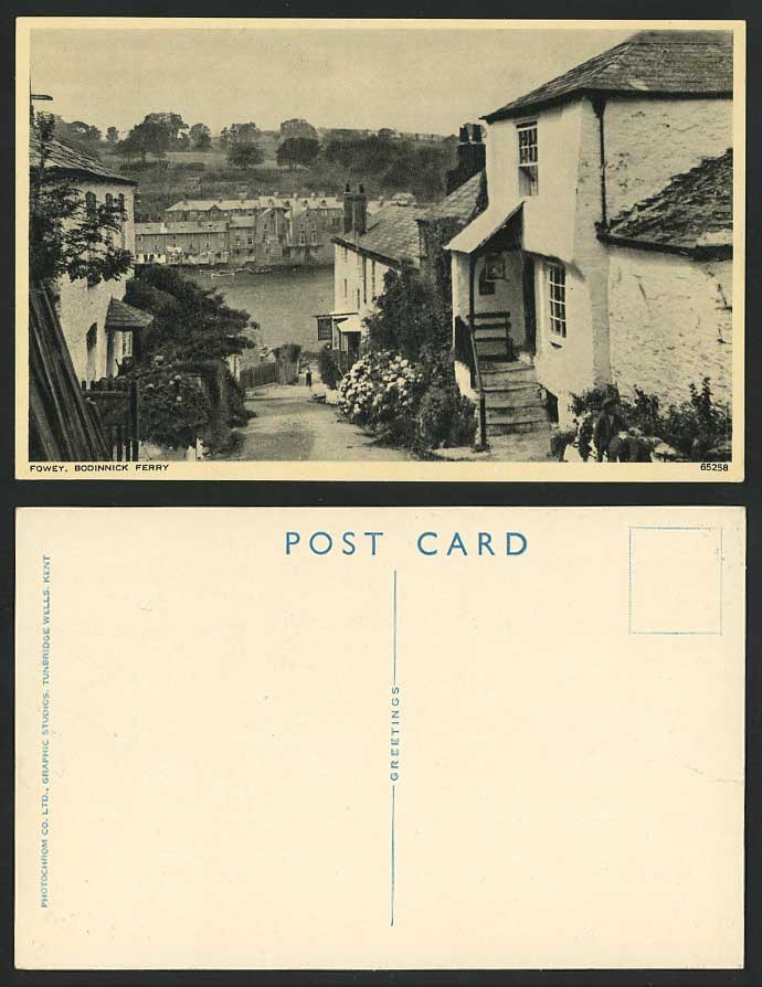 FOWEY, BODINNICK FERRY, Cornwall Old Postcard Street Scene Cottages Houses River
