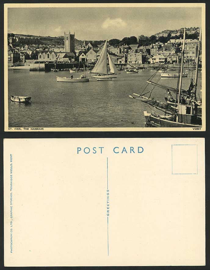 ST. IVES, THE HARBOUR Old Postcard Church Sailing Boats Fishing Vessels Cornwall
