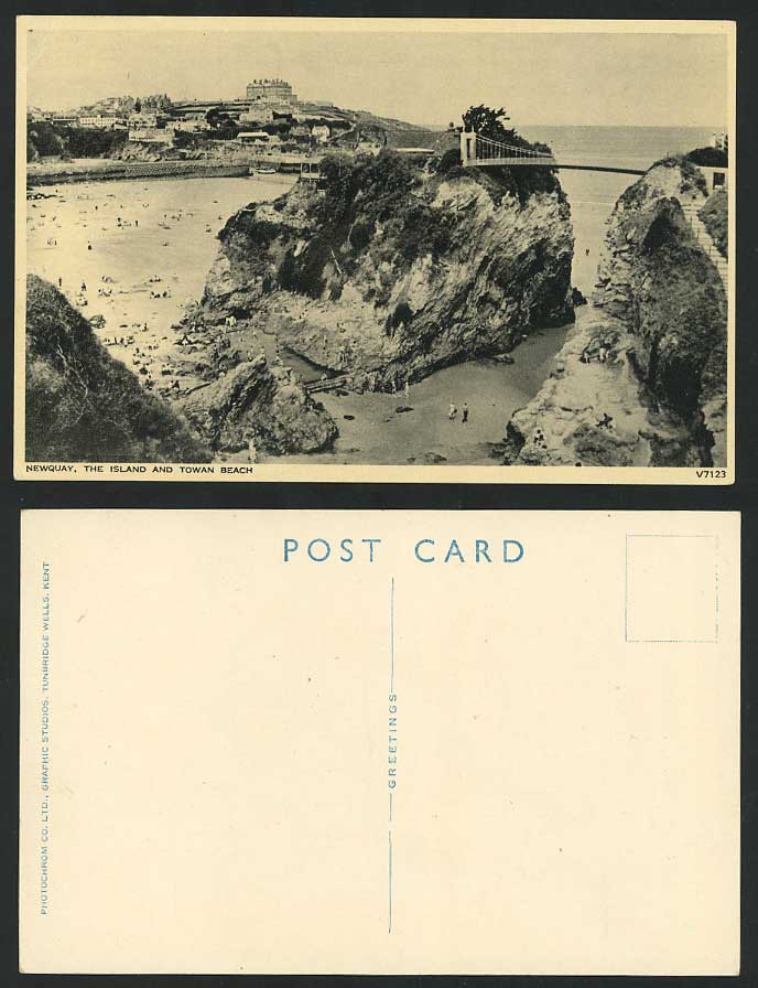 Newquay The Island and Towan Beach, Bridge Rocks Beach Cornwall Old Postcard Sea