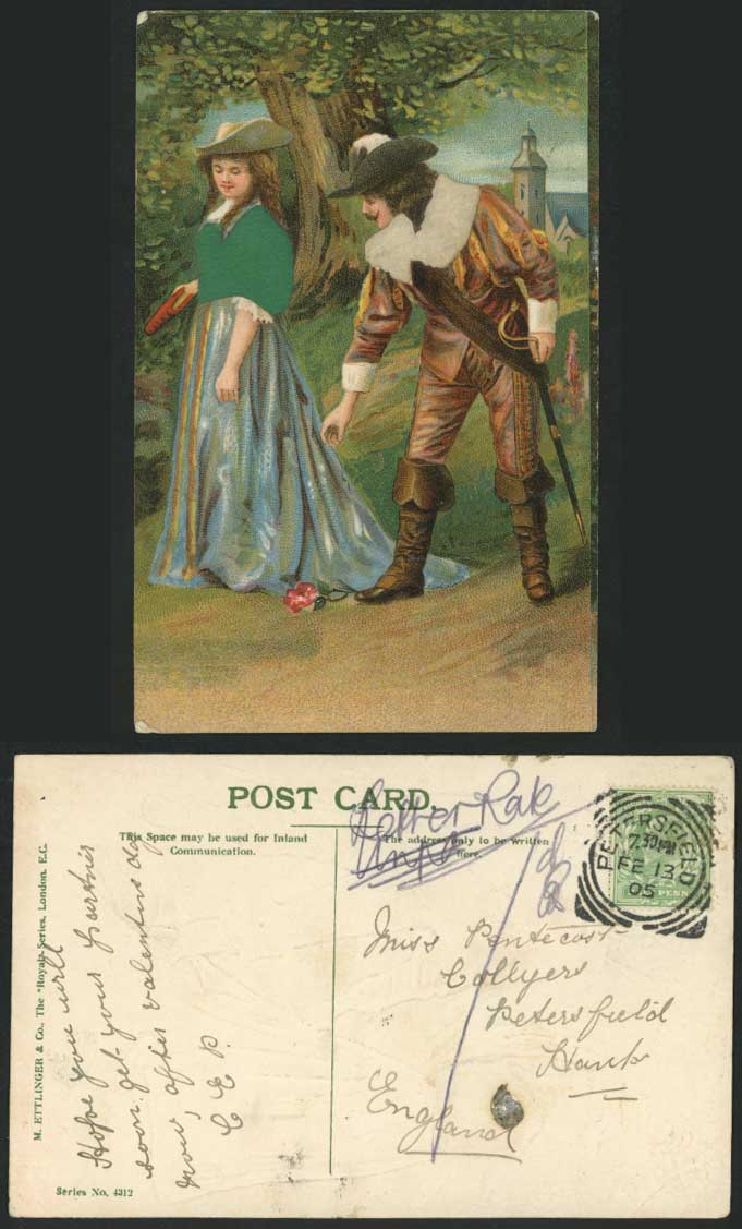Novelty Green & White Cloth Decorated 1905 Old Postcard Man, Lady Flower Romance