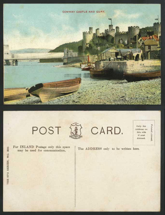 CONWAY CASTLE and QUAY, BRIDGE, River Scene, Boats Wales Old Postcard Spa Series