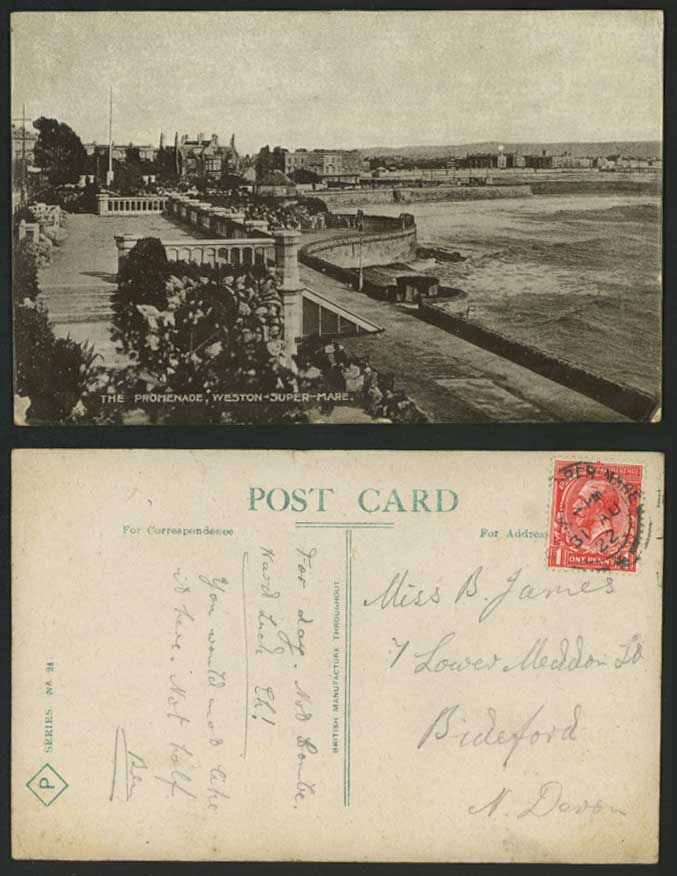Weston-Super-Mare 1922 Old Postcard Promenade Terrace, Seaside Panorama Somerset