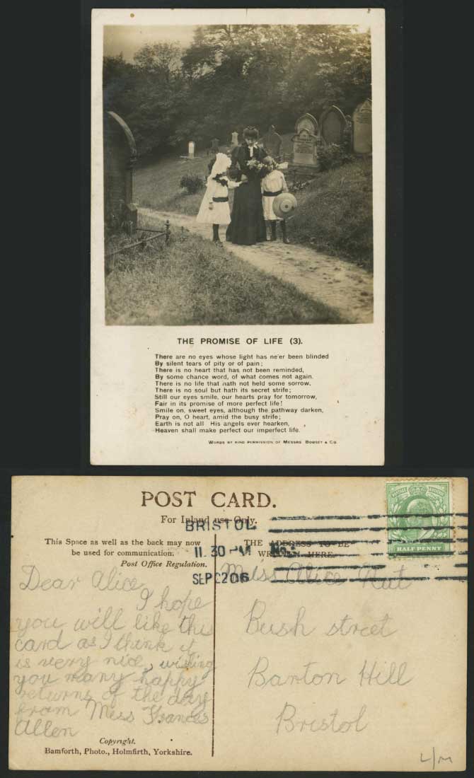 The Promise of Life (3) Song Card, Woman Little Girls Cemetery 1906 Old Postcard