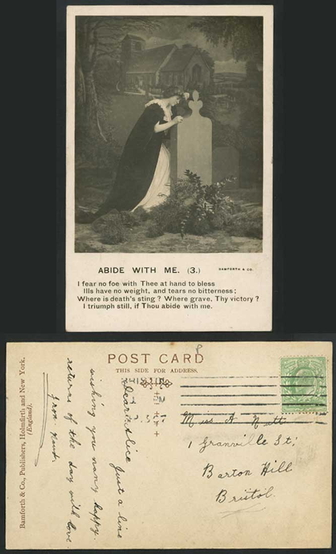 Abide with Me (3) Woman, Grave Tomb Tombstone Church Song Card 1907 Old Postcard
