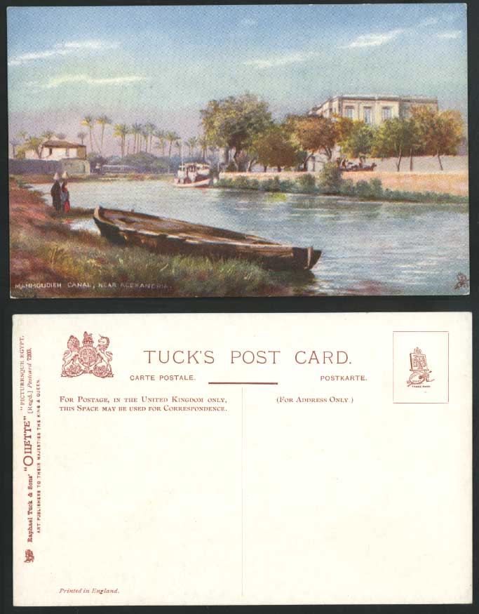 Egypt Old Tuck's Oilette Postcard Mahmoudieh Canal Alexandria Boat Drawing Water