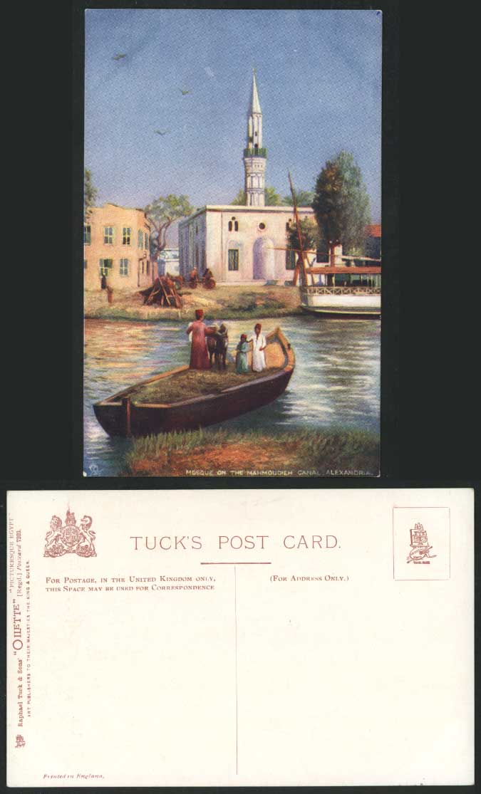 Egypt Old Tuck's Oilette Postcard Mosque on Mahmoudieh Canal Alexandria Boat ART