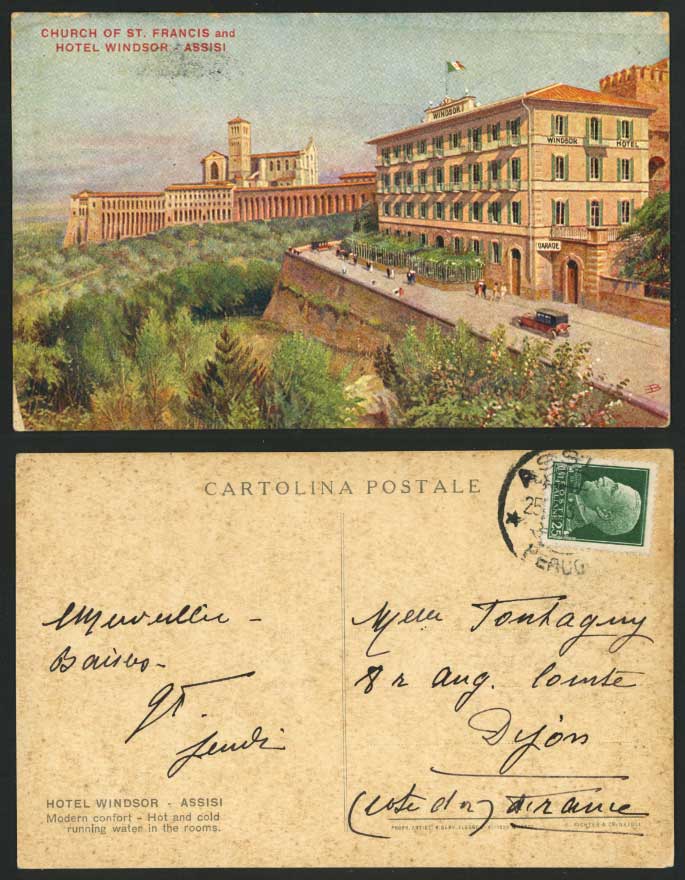 Italy ASSISI 1939 Old Postcard Church of St. Francis and Hotel Windsor Art Drawn