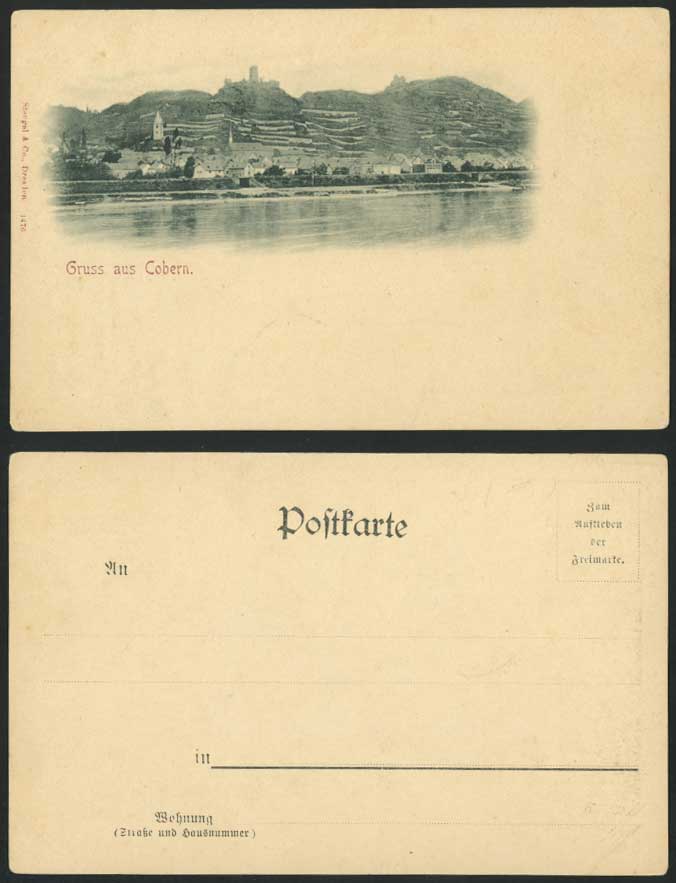 Germany Old U.B. Postcard Gruss aus Cobern, Kobern, River Scene, Mountains Hills