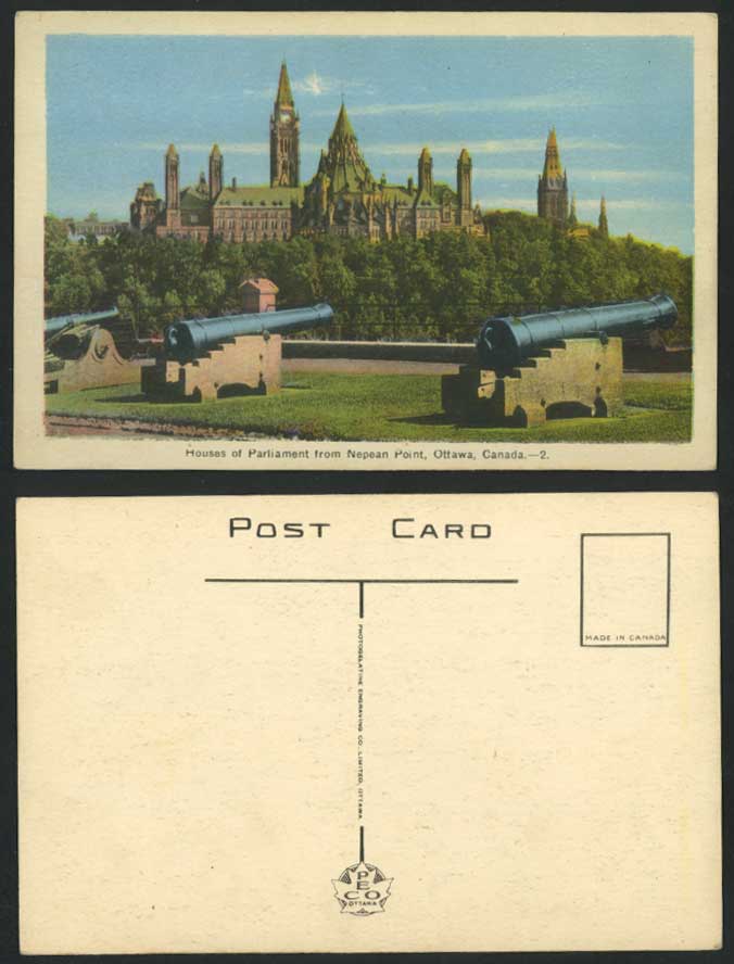 Canada Old Colour Postcard Houses of Parliament from Nepean Point Ottawa Cannons