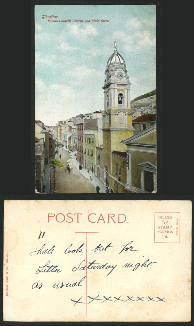 Gibraltar Old Postcard Roman Catholic Church, Main Street Scene Clock Bell Tower