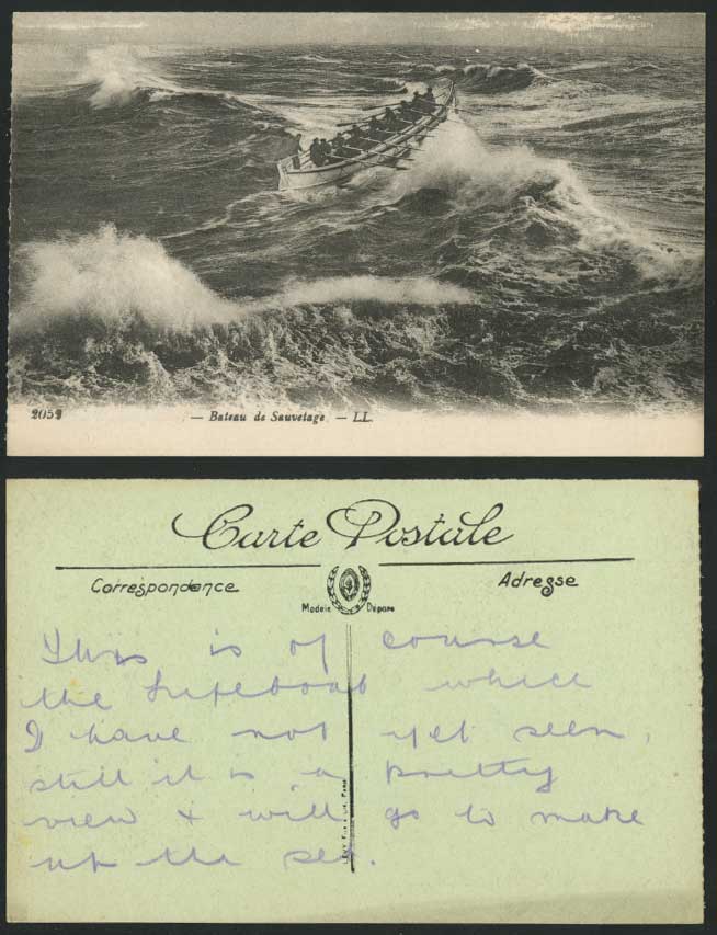 Lifeboat Life Boat Bateau de Sauvetage in Rough Sea Storm L.L. 2052 Old Postcard