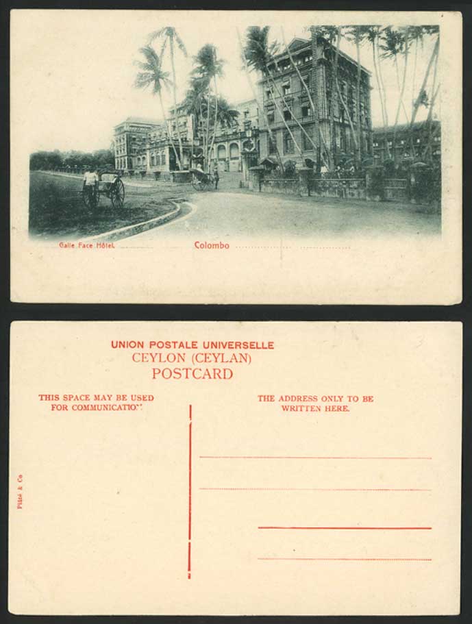 Ceylon Old Postcard GALLE FACE HOTEL, COLOMBO Rickshaw Native Coolies Palm Trees