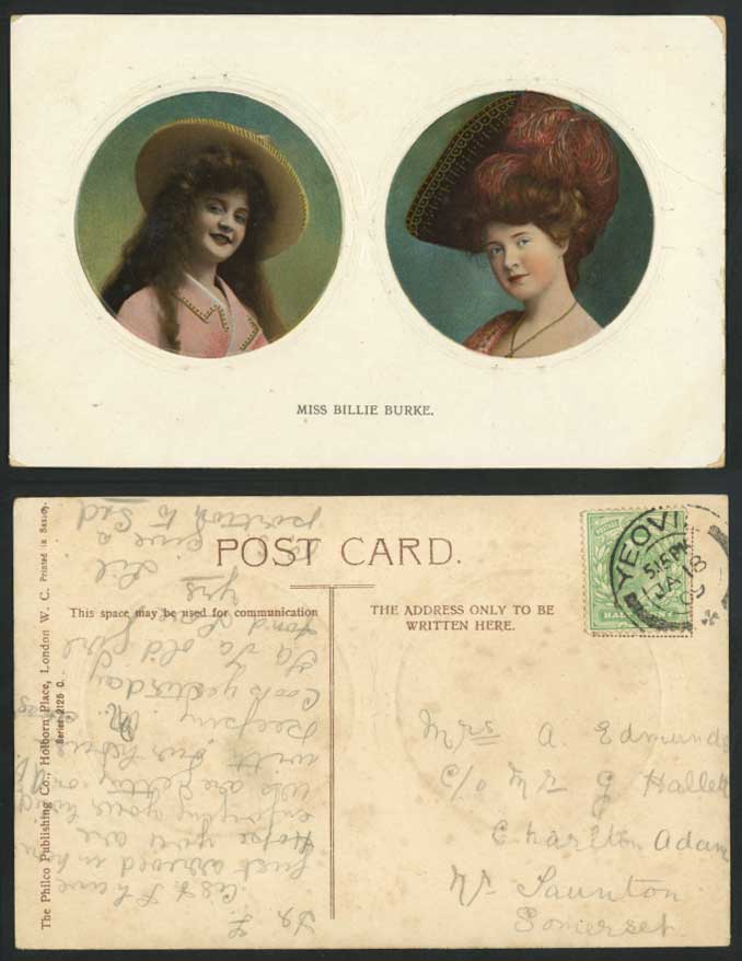 Edwardian Actress Miss BILLIE BURKE 1909 Old Embossed Postcard Woman Lady Girl