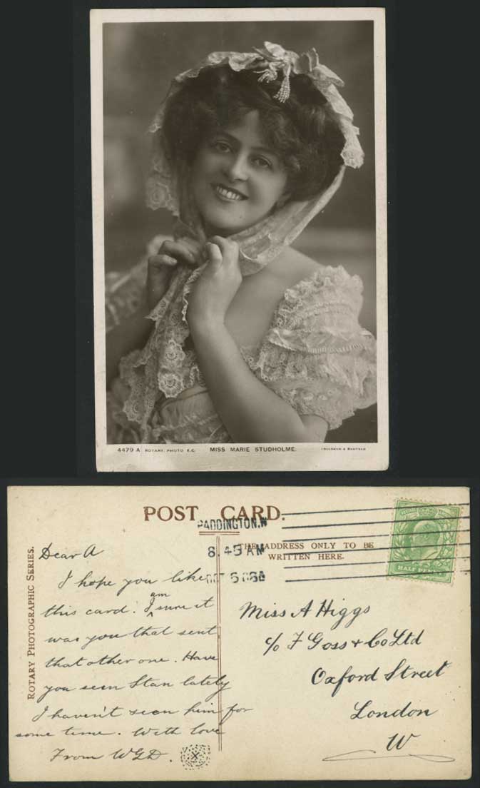 Edwardian Actress - Miss MARIE STUDHOLME Lace Smile 1908 Old Real Photo Postcard