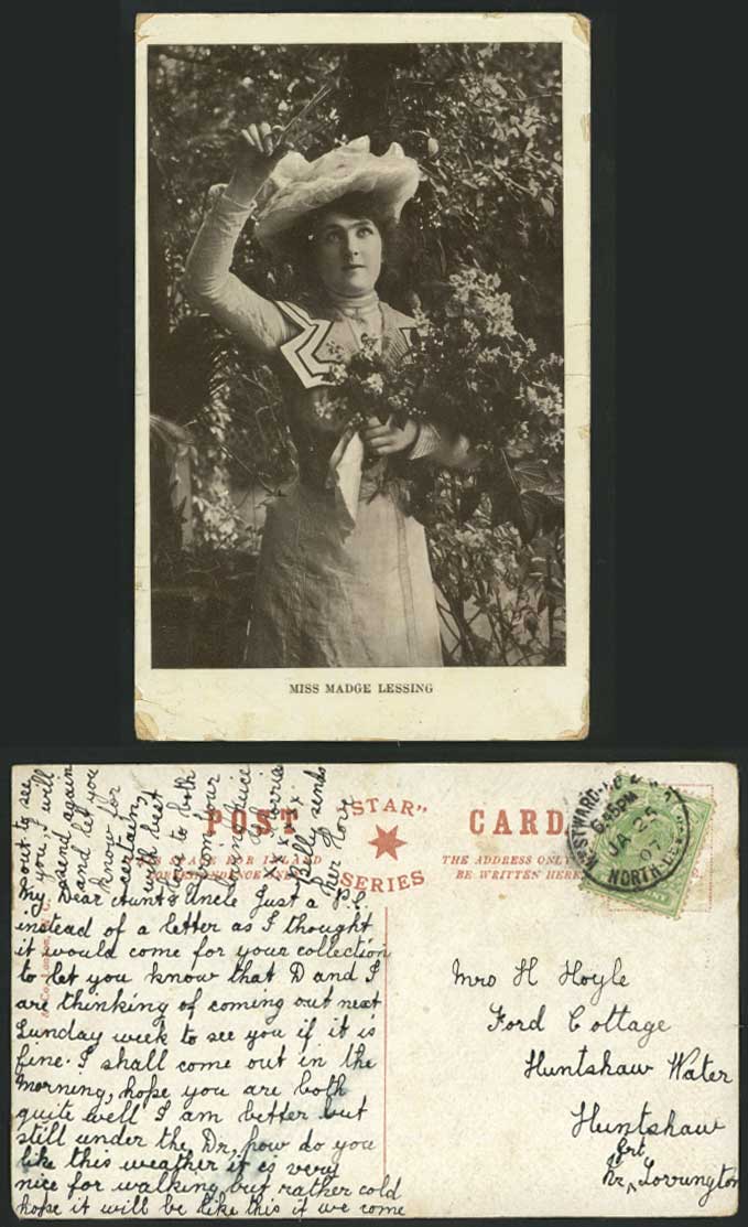 Edwardian Actress Miss Madge Lessing Cutting Flowers, Scissors 1907 Old Postcard