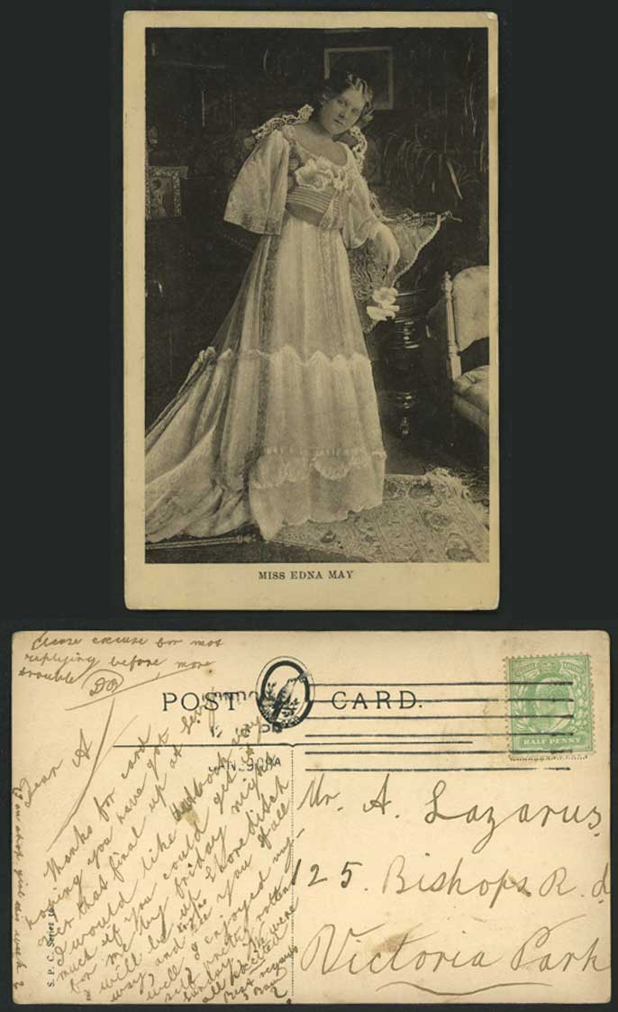 Edwardian Actress - MISS EDNA MAY - Stage Costumes 1908 Old Postcard Woman Lady