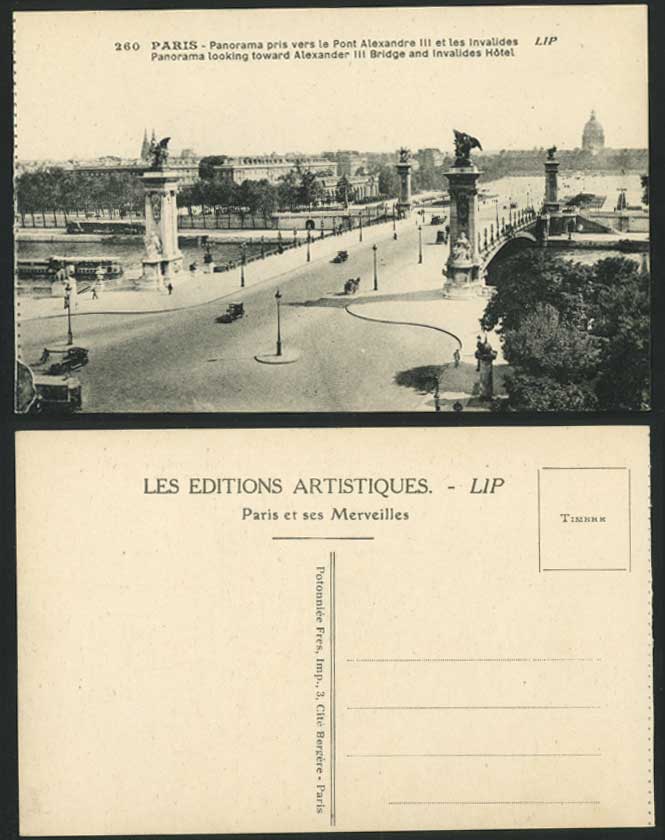 France Paris Old Postcard Pont Alexandre III Bridge Invalides Hotel Panorama Car