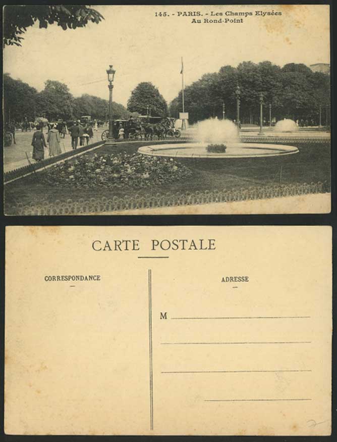 Paris Old Postcard CHAMPS-ELYSEES Au Rond-Point Roundabout Fountain Street Scene