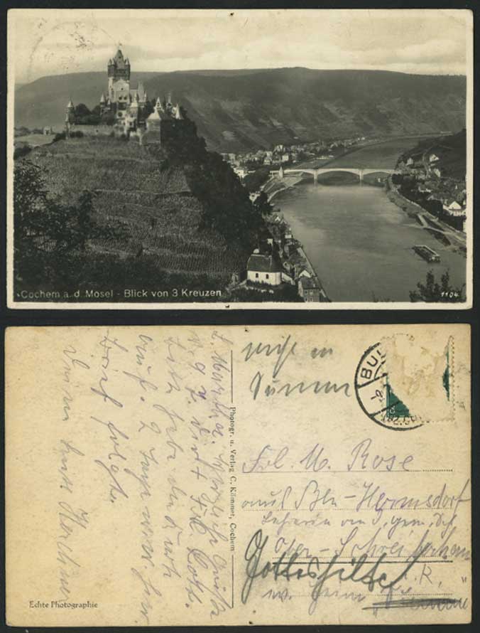 Germany Cochem a.d Mosel Blick von 3 Kreuzen Bridge Castle River Old RP Postcard