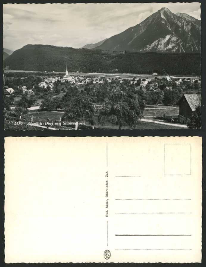 Swiss Switzerland Old Real Photo Postcard Dorf mit Stanserhorn Village Mountains