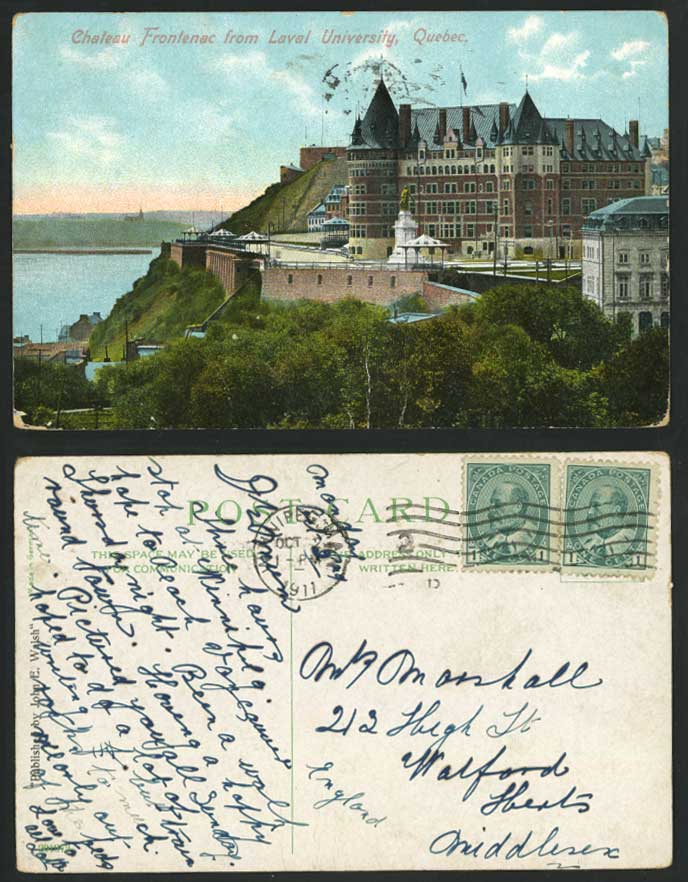 Canada, Chateau Frontenac from Laval University, Quebec 1911 Old Colour Postcard