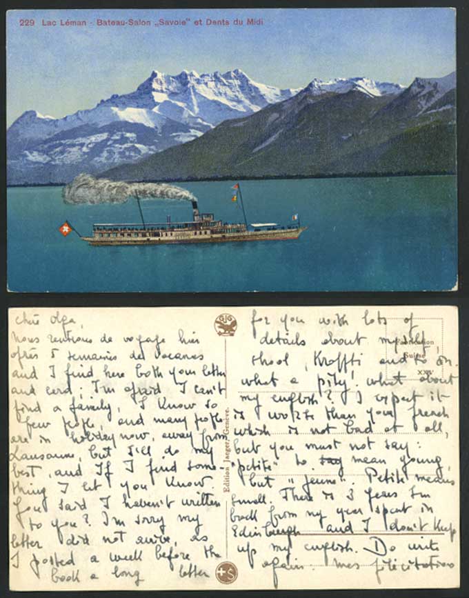 Swiss Old Postcard Lac Leman Lake Bateau Salon Savoie & Dents du Midi Steam Ship