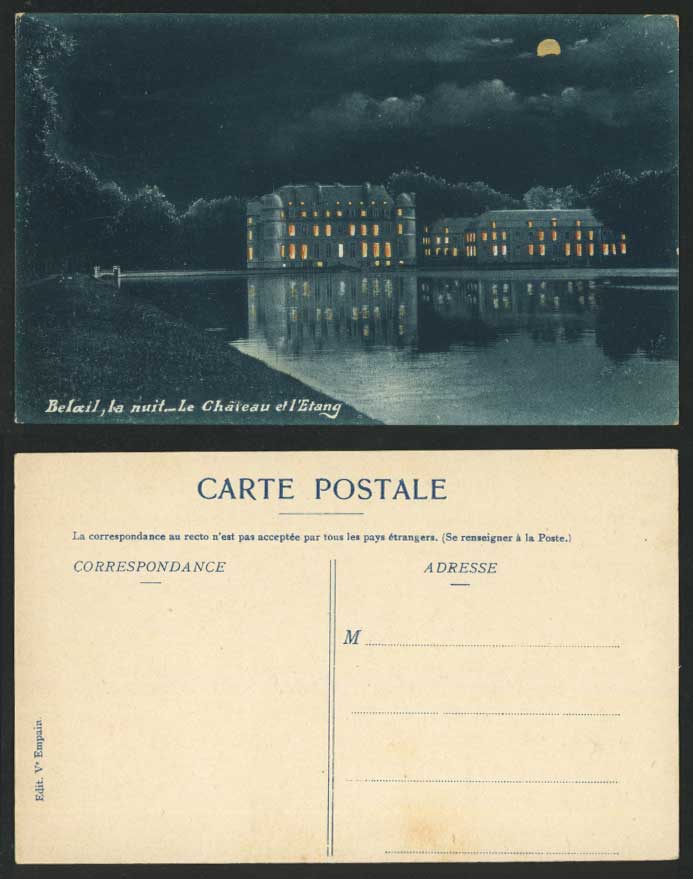 Belgium Old Postcard Beloeil la nuit Chateau et l'Etang Castle by Night Moon