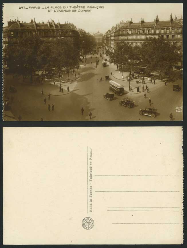 PARIS Old RP Postcard Place du Theatre Francais l'Avenue de l'Opera Street Scene