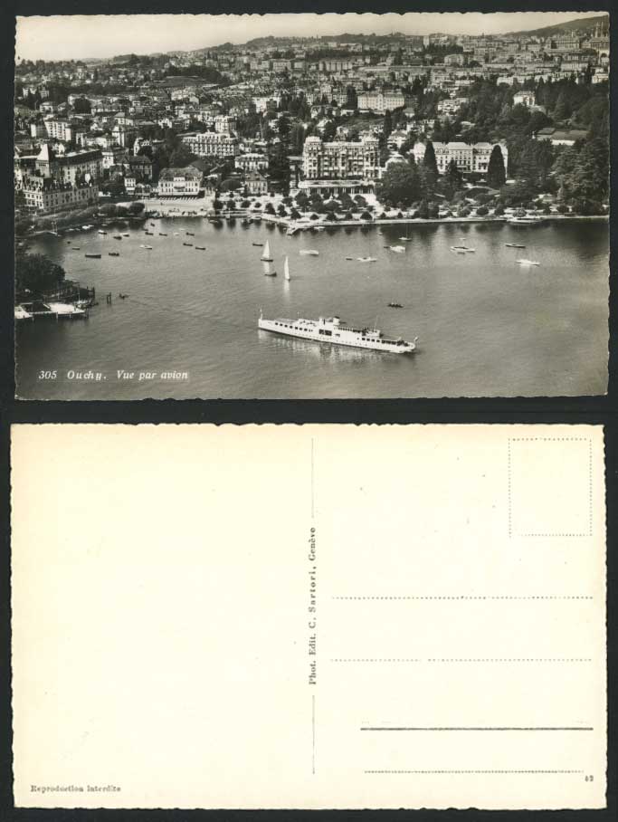 Swiss Old RP Postcard OUCHY Vue par avion Aerial View taken from Air Ships Boats