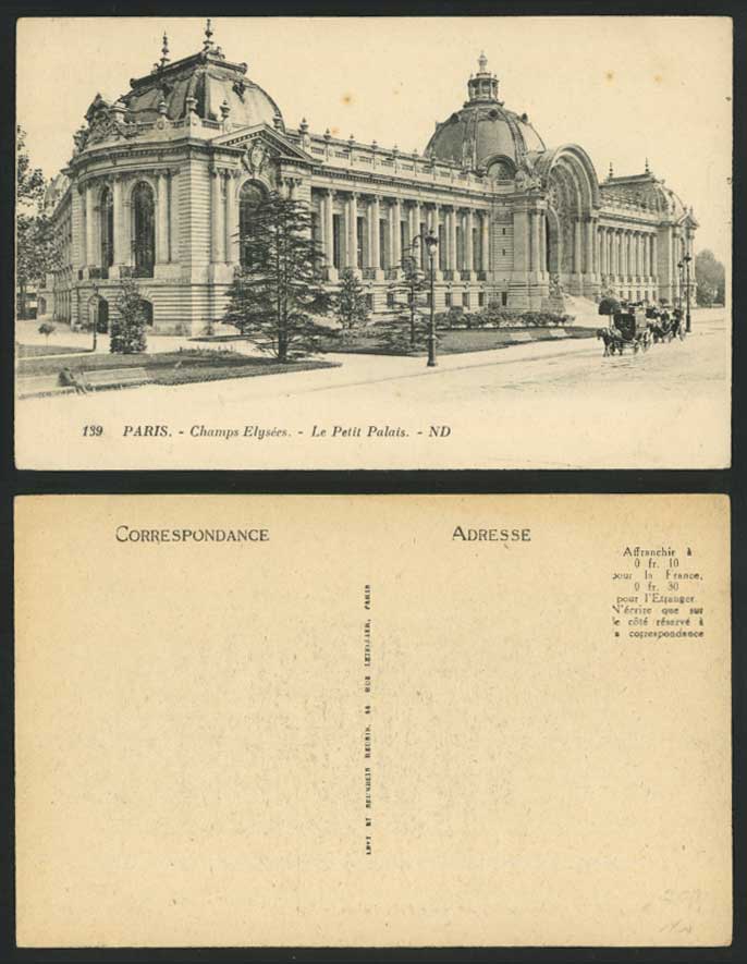 France Old Postcard Paris CHAMPS-ELYSEES Le Petit Palais Small Palace Horse Cart