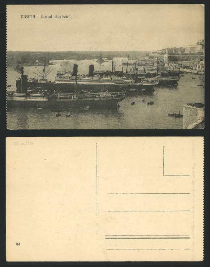 Malta Old Postcard Grand Harbour Steamers Steam Ships Boats Warships Battleships