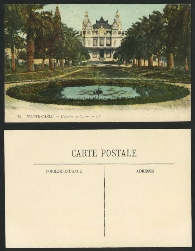 Monte Carlo Old Colour Postcard L'Entree du Casino Entrance Fountain Gdn L.L. 45