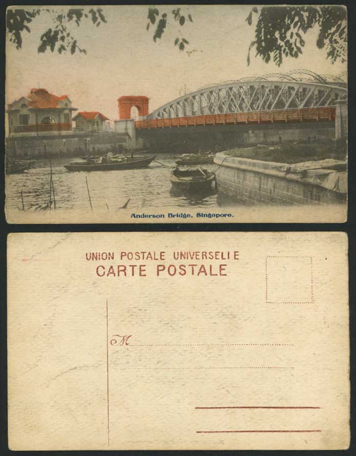 Singapore Old Hand Tinted Postcard ANDERSON BRIDGE Gate River Scene Native Boats