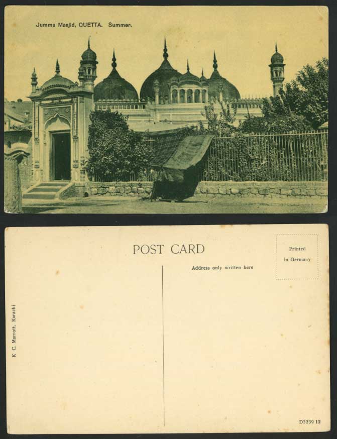 Pakistan Old Postcard Jumma Masjid, Entrance Gate QUETTA Summer (British India)