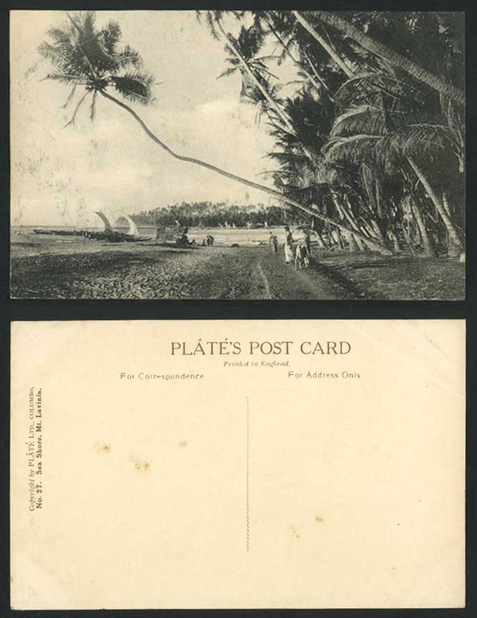 Ceylon Old Postcard Sea Shore Mt. Lavinia Beach Palm Trees Sailing Boats Colombo