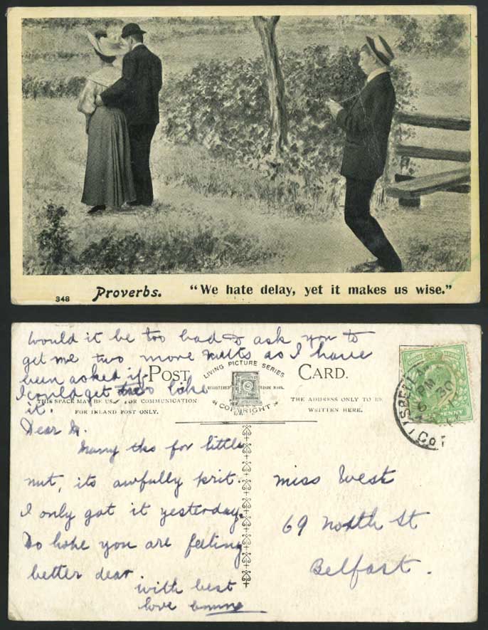 Proverbs - We Hate Delay, Yet It Makes Us Wise 1906 Old Postcard Living Picture
