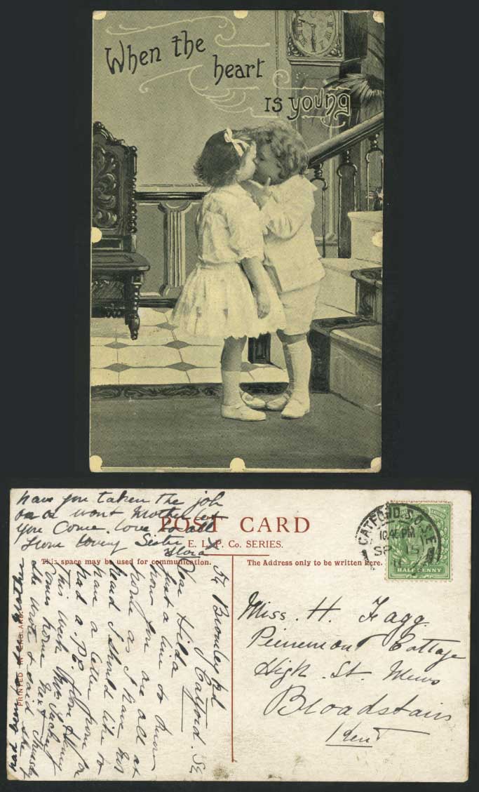KISS When The Heart is Young, Children Little Boy Girl Kissing 1911 Old Postcard
