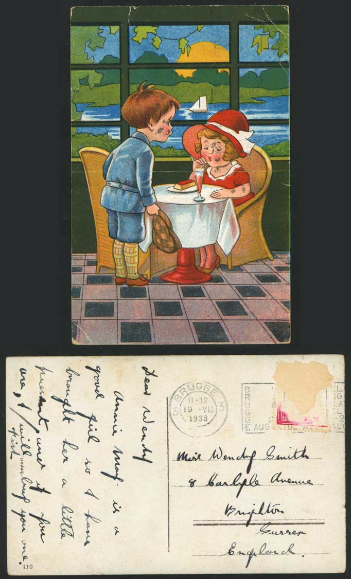 Little Girl Drinking Boy with Hat Cafe Restaurant Brugge Comic 1938 Old Postcard