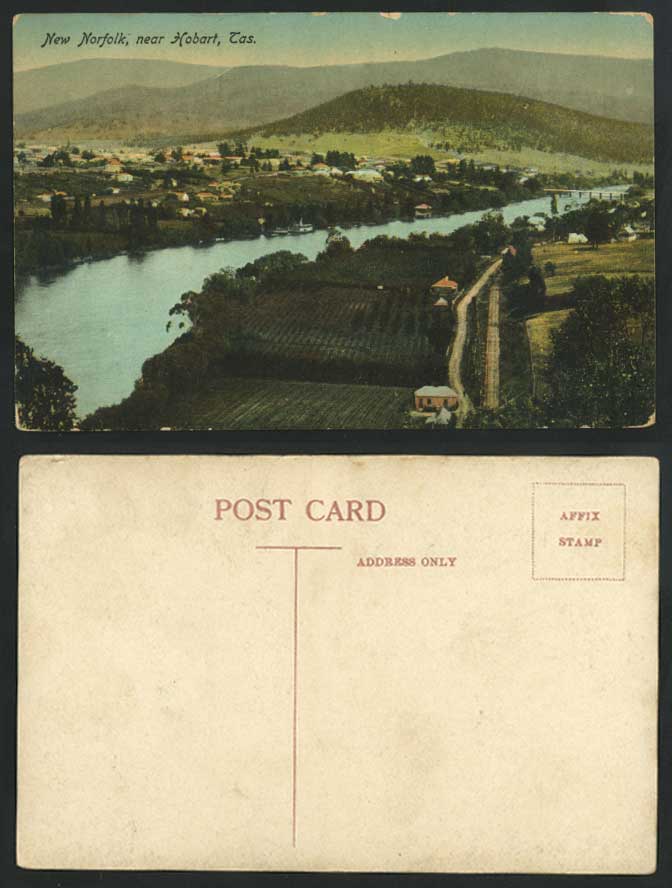Australia Tasmania Hobart New Norfolk, Bridge River Scene Mountains Old Postcard