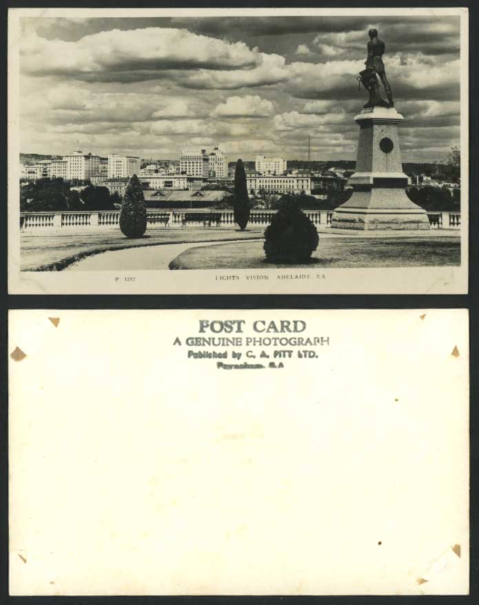 Australia Adelaide Lights Vision Monument Memorial Statu Old Real Photo Postcard